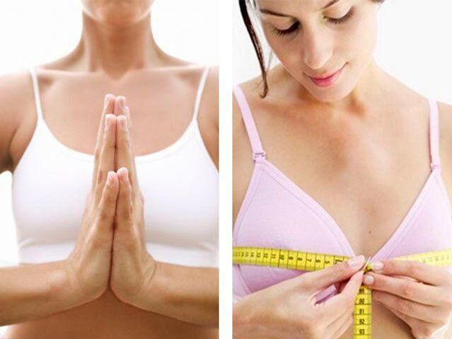 Uma menina mede o volume dos seios após fazer o exercício.